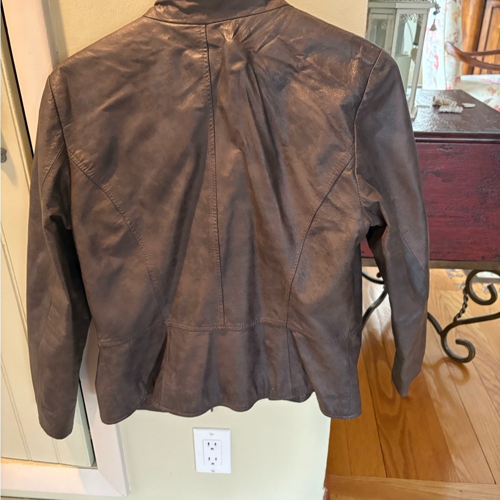 Boston Proper Dark Brown Leather Jacket. Ruffle - Picture 7 of 10